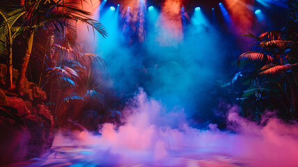 A stage with thick coral smoke under a sky blue spotlight, providing a lively, tropical feel.