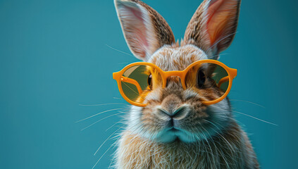 A cute brown rabbit wearing yellow sunglasses on a solid color background. Created with Ai