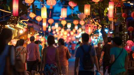Naklejka premium A group of people walking down a street lined with colorful paper lanterns hanging overhead.