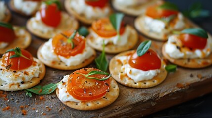 Savory crackers topped with tangy spreads and thinly sliced cheese create a perfect bitesized treat.