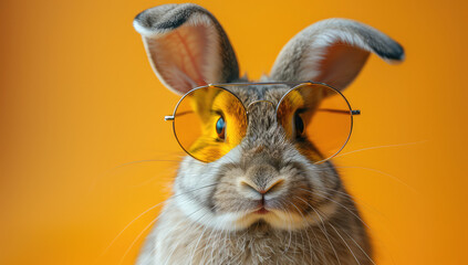 A cute little gray rabbit wearing yellow glasses against an orange background. Created with Ai