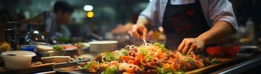 A chef is preparing a delicious seafood dish in a busy restaurant.