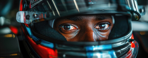 black man racer pilot in helmet in a racing car driving on track at a race