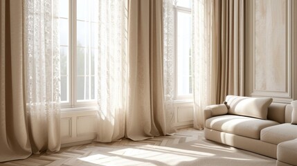 Empty room with beige guipure curtains from floor to ceiling