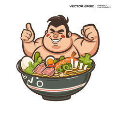 sumo ramen noodles, character, mascot, logo, vector, design, illustration, eps 10