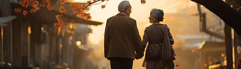 An elderly couple is walking down a street in the autumn. The man is wearing a brown jacket and the woman is wearing a pink dress.