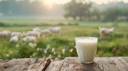 Fresh goat milk displayed on a farm, on a rustic wooden table, with a blurred background of happy goats