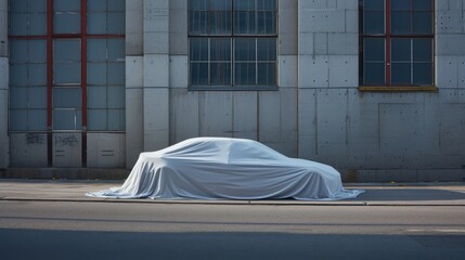 Passenger car draped in a white sheet parked on a city sidewalk