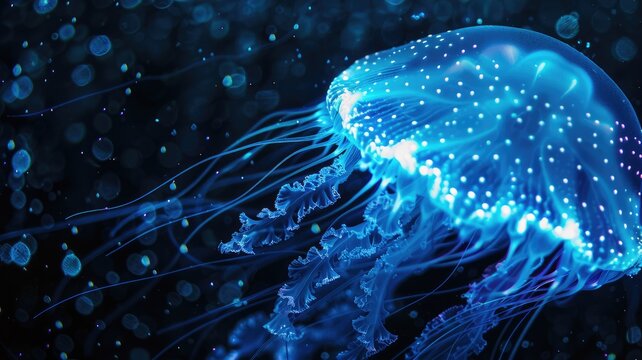 Luminous blue jellyfish illuminated against dark ocean backdrop with floating particles