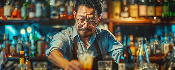 Japanese barkeeper preparing cocktail in club - Powered by Adobe