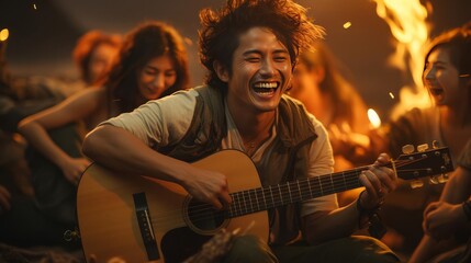 A young man strums an acoustic guitar and sings around a campfire with friends. The group laughs and enjoys the music.