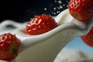 Strawberries tumbling into a pool of milk, squabbling over strawberries, milk, strawberries, whipped cream, yogurt, expert fruit photography