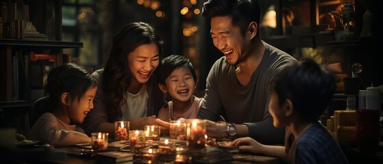 A happy family is sitting around a table, laughing and talking. There are candles on the table. The family is enjoying each other's company.