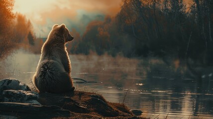 Bear sitting by lake at sunrise/sunset - Powered by Adobe
