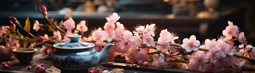 An exquisite porcelain teapot sits on a wooden table, surrounded by delicate cherry blossoms. The soft sunlight filters through the petals, creating a magical atmosphere.