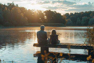  daughter and grandfather sitting on the dock fishing together at the lake in summer. Image with...