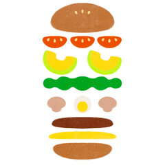 tasty delicious cute recipe food illustration of American style cheeseburger hamburger with separate ingredients including bread, tomatoes, avocado, lettuce, egg, mushrooms, beef patty & cheese