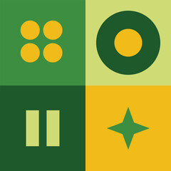 neo geometry circles, stars, pause icon, and dots variation with yellow and green color