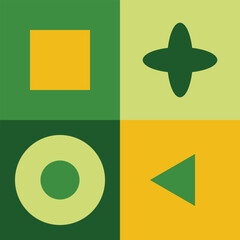 neo geometry square, circle combination, play icon and stars variation with yellow and green color