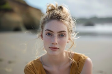 Portrait of blonde beautiful woman posing on the beach