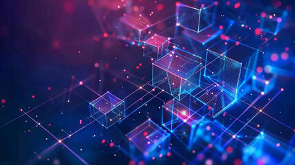 Obraz premium Abstract, blockchain and online storage technology for data, 3D Abstract Modern Background. 3d technology futuristic digital graphic concept blue square, line technology Wireframe background. 