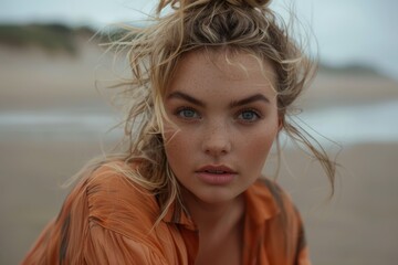 Portrait of blonde beautiful woman posing on the beach