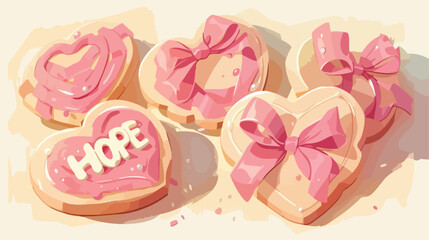 Pink cookies with ribbons and word HOPE on beige ba
