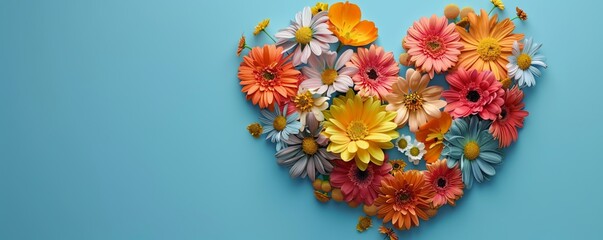 Top view arrangement of colorful flowers with heart shape placed on blue background. Generative AI