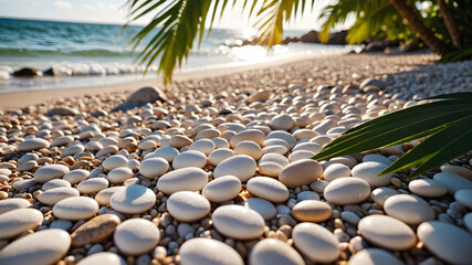 White pebbles on a tropical beach with palm leaves and sun glare.