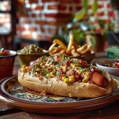 A hot dog with lots of toppings is on a plate