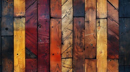   A close-up of a wooden panel wall with a red and yellow stripe on the bottom edge of the panel