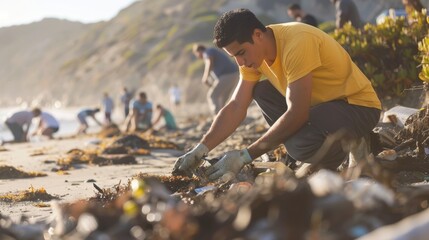 A man helping to clean up a local beach with a team of volunteers picking up trash and debris.