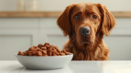 Capture the essence of canine joy with a detailed, realistic portrayal of a furry friend gazing longingly at a bowl of your premium dog food against a pristine white backdrop