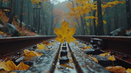   Yellow leaf on train track amidst forest full of trees - Powered by Adobe