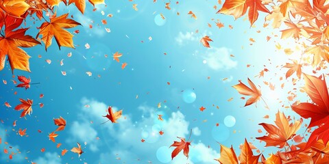 Fall themed Background, with Leaves against Blue Sky. Seasonal Banner with copy-space.