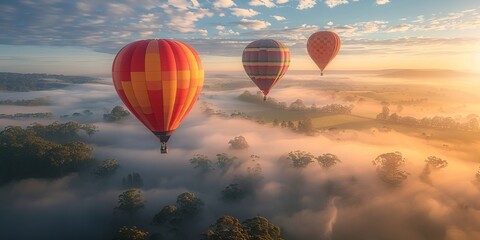 Obraz premium From above several colorful hot air balloons rise above a fog-engulfed landscape with the sun casting a soft glow on the scene