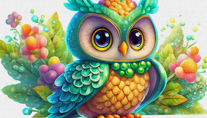 Naklejka premium CARTOON CHARACTER CUTE baby owl closeup isolated on white background, top view