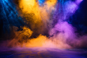 Bright mustard yellow smoke drifting across a stage under a purple-blue spotlight, creating a dynamic visual display.