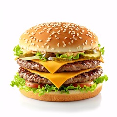 A large hamburger with lettuce, tomato, and onions
