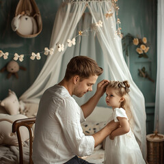 A young happy father makes a hairstyle for his little daughter's hair in a cozy atmosphere at home