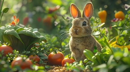 Design a whimsical illustration of a curious bunny staring at a variety of colorful vegetables in a beautifully arranged garden - Powered by Adobe