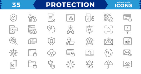 protection  pixel Perfect Line Editable Icons set. Vector illustration in thin line modern style of cyber protection related icons: personal data protection, passwords,editable stroke icons.