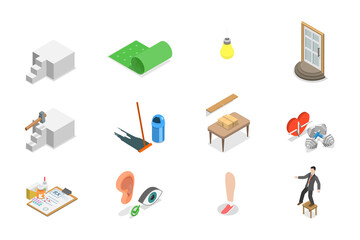 3D Isometric Flat  Illustration of Senior Fall Prevention Tips, List of Safety Measures