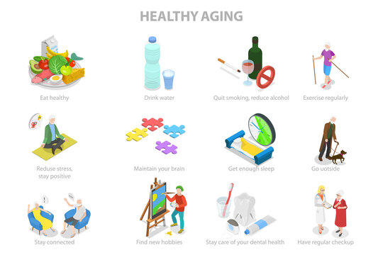 3D Isometric Flat  Illustration of Healthy Aging, Physical Activity and Health Care for Elderly Senior People