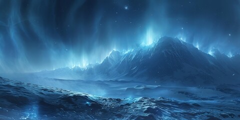 Blue Aurora Borealis over Rugged Landscape. Majestic Northern Lights Background with copy-space.