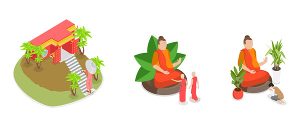 3D Isometric Flat  Illustration of Buddhist Pilgrimage, Meditating and Chanting