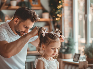 A young happy father makes a hairstyle for his little daughter's hair in a cozy atmosphere at home