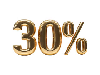 3D golden number "30%" with text effect, on a plain White background PNG