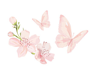 decorative sakura blossoms flowers of retro vintage style butterflies. Vector illustration design for fashion, tee, t shirt, print, poster, graphic, background butterfly