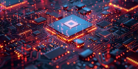 Obraz premium Internet Technology Concept with web symbol on a Microchip. Data flows from the CPU across a Futuristic Motherboard.